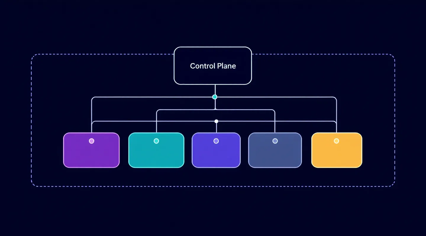 Flat-vector infrastructure-style control-plane diagram with five color-coded pathway service nodes on deep navy